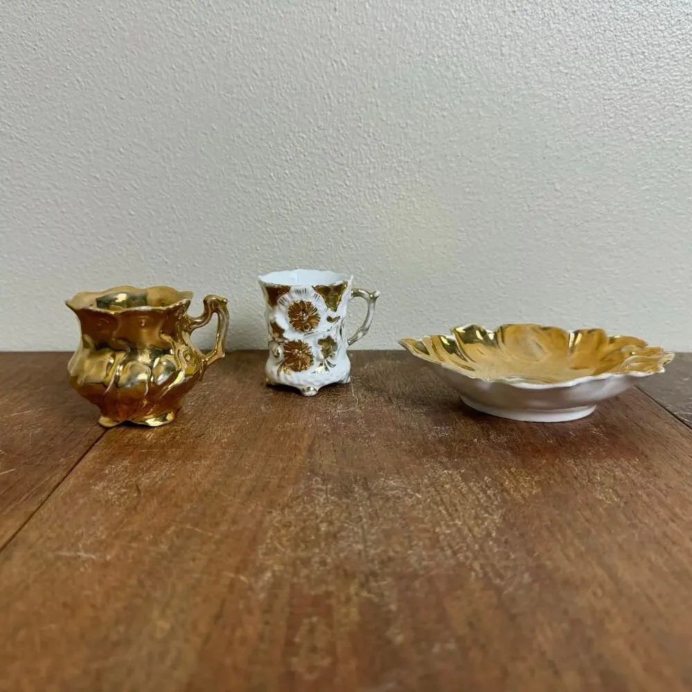Vintage Porcelain‎ Gold 2 Tea cup & saucer Set MINI Children's or demitasse